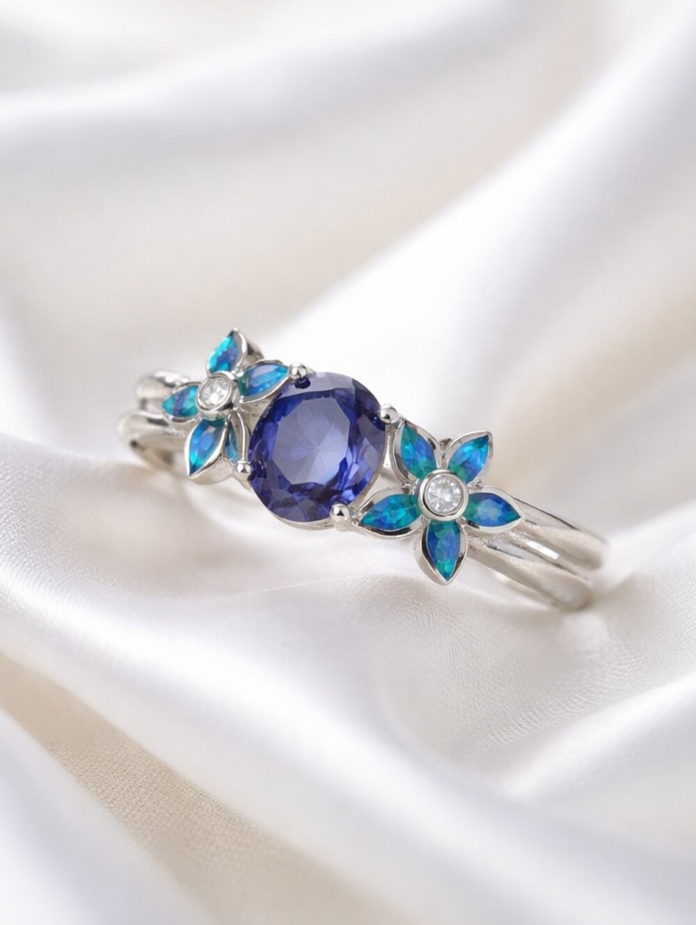 925 Sterling Sliver NewTanzanite Center Stone Flower Blue Lab Opal Ring Size 7